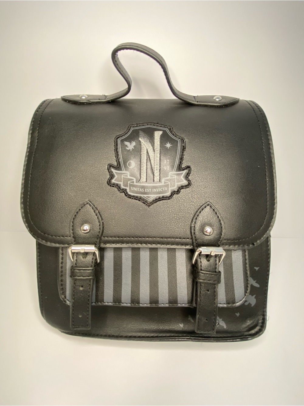 Black Wednesday Addams Leather Satchel Bag with Crest